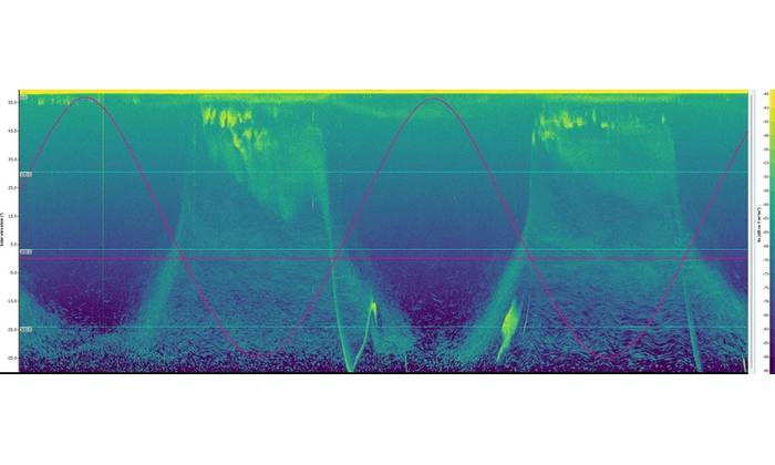 Solar elevation data (oscillating pink line) overlaid on Nortek Signature 100 data, providing context for diel vertical
migration patterns in backscatter. The horizontal line marks 0° solar elevation, allowing day (above the line) and
night (below the line) to be quickly confirmed. © Echoview Software