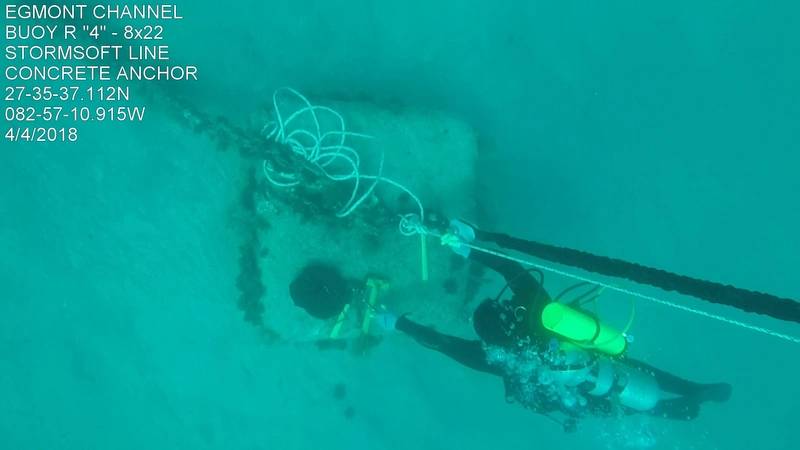 A look from above, a diver attaches a StormSoft eco-mooring line to a concrete sinker (Photo courtesy of the U.S. Coast Guard)