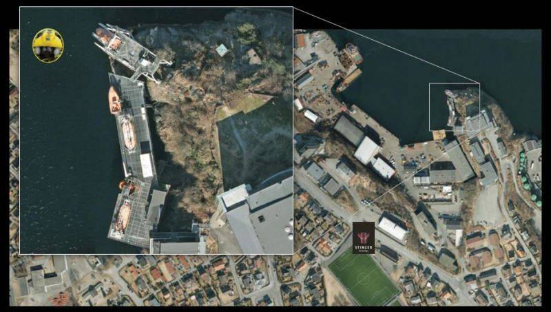 This aerial shot shows the position of Seaquito, Stinger's permanently deployed VideoRay Pro 4 ROV system. Seaquito "lives" in a small crate on the floor of the North Sea near Stinger's headquarters in Stavanger, Norway. (Photo: Bjarte Langeland / Stinger)
