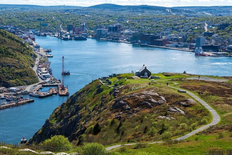 Aerial view from Signal Hill across Gibbet Hill with the Queen's Battery Barracks and the Narrows into St John's Harbor.
Copyright Ralf Broskvar/AdobeStock
