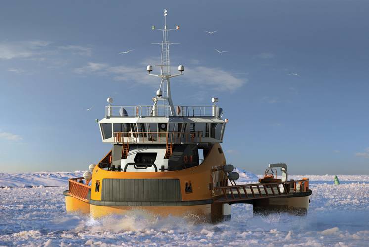 Aker Arctic is working with Finnish naval architects Mobimar on a trimaran icebreaker, which is actually a single hull ship with two side hulls.  “It creates a channel twice as wide without increasing the power requirement,” Niini said. © Aker Arctic Technology Inc.