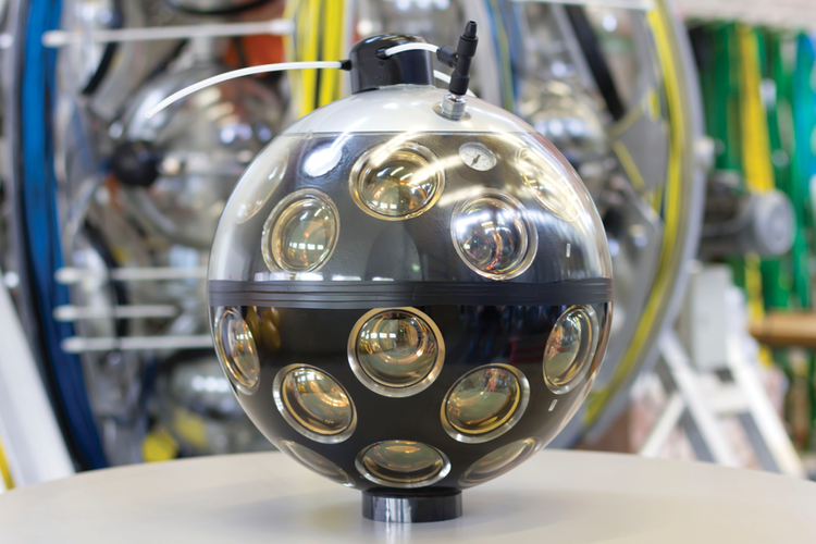 Also known as a ‘Cherenkov Light Sensor’ a DOM is a 17 inch diameter pressure resistant glass sphere equipped with 31 photomultiplier tubes (courtesy of Nikhef)