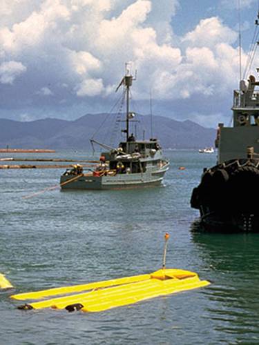 The Australian Minesweeping and Support System (AMASS) uses dyads, or buoyant permanent magnetic cylinders, combined with water-driven acoustic generators that, when towed behind a vessel in various configurations, could emulate the magnetic and acoustic signatures of a range of vessel classes, and sweep sensitive influence mines to a depth of 90m. (Australian Defence and Technology Group)