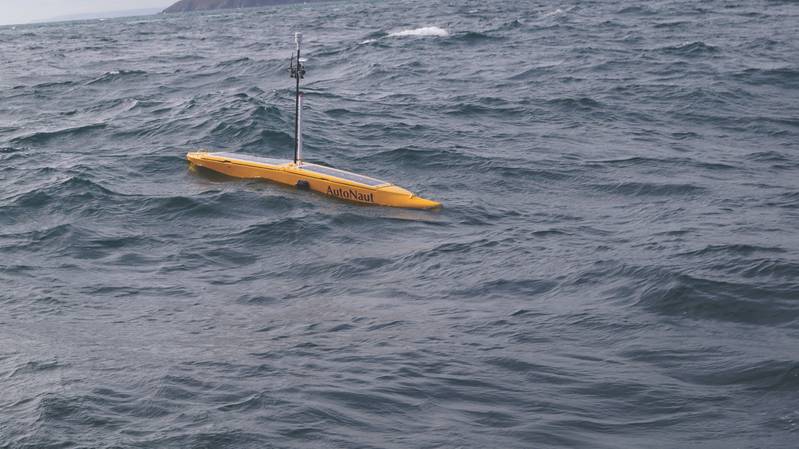 3.5m AutoNaut on deployment off the South Devon Coast.