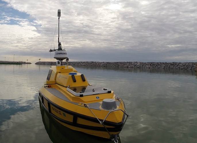 ASV BEN (Bathymetric Explorer and Navigator) is a custom prototype built by SV Global Unmanned Marine System for University of New Hampshire’s Center for Coastal and Ocean Mapping. ASV BEN has a state-of-the art seafloor mapping system that can map depths reaching 650 feet. (Photo: Ocean Exploration Trust)