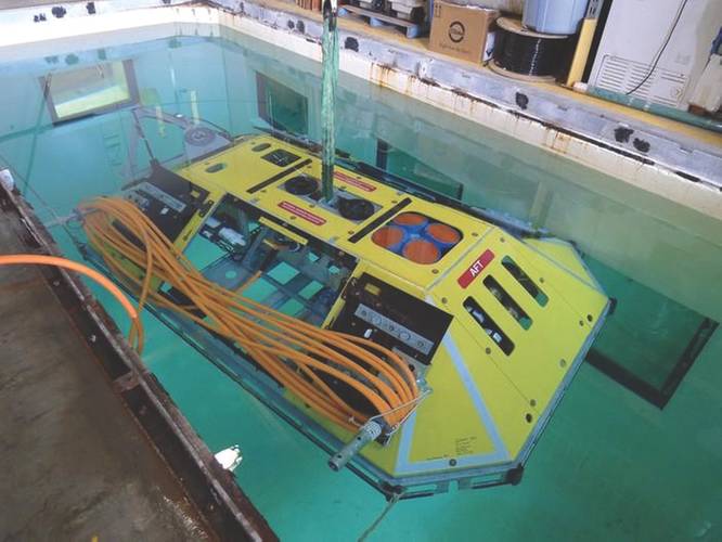 Fig.4. A Benthic Experiment Package hosts an ADCP and several smaller ocean sensors within a hazard-resistant frame. Also inside is a power / comms unit for the cabled network. (Credit: University of Washington)