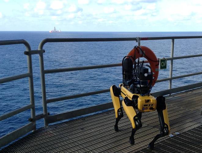 Boston Dynamic’s Spot quadruped robot posing during its trials on bp’s Mad Dog facility in the US Gulf of Mexico. Photos from BP.