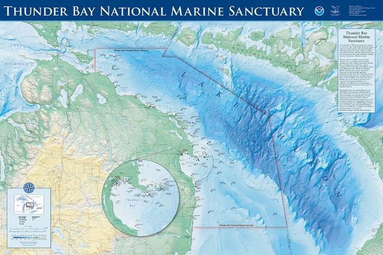 Map of the boundaries of Thunder Bay National Marine Sanctuary, showing documented shipwreck sites and a view of Lake Huron and the coast. (Image courtesy of Thunder Bay National Marine Sanctuary, NOAA)