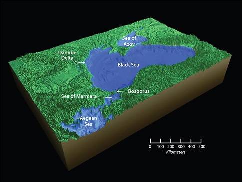 The breach of the Bosporus sill connected the Black Sea to the Sea of Marmara and the world ocean. As glaciers melted and global sea levels began to rise, the Black Sea also rose, bringing it to its present day level. (Jack Cook, Woods Hole Oceanographic Institution)