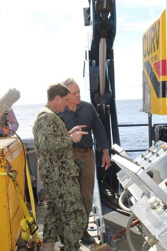 Captain Gregg W. Baumann discusses with CBS ‘60 Minutes’ anchor Scott Pelley the technology to be deployed in the search for El Faro. The feature El Faro spot aired on CBS on Sunday, January 3, 2016. If you missed it, view the 60 Minutes video here:http://www.cbsnews.com/videos/lost-in-the-bermuda-triangle (Courtesy of U.S. Navy/CBS ‘60 Minutes’)