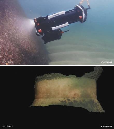 A CHASING M2 PRO MAX equipped with a UVision UScanner surveys an offshore wind turbine foundation in Denmark. The collected imagery was processed to generate a measurable 3D model of the submerged structure for condition review and future comparison.
Courtesy of UVision and CHASING.