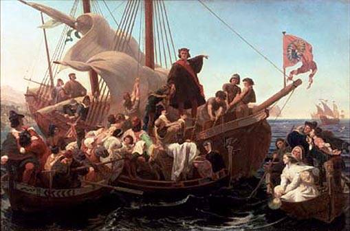 Christopher Columbus on Santa Maria in 1492. EMANUEL LEUTZE - 1855