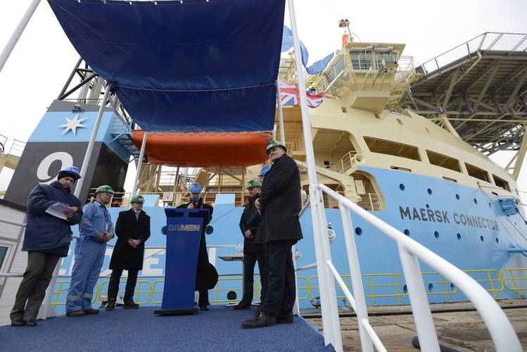 Christopher E. van der Stelt, Managing Director of Damen Shipyards Galati speaks during the handover ceremony of the Maersk Connector. Photo: Damen