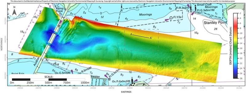 Color shaded bathymetric area generated from a CUBE surface (0.5m grid spacing)