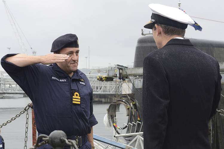 Commander Scott Bower of HMS Artful Meeting Rear Admiral Weale OBE Assistant Chief of Naval Staff Submarine and Flag Officer Scotland (Photo: U.K. Ministry of Defense)