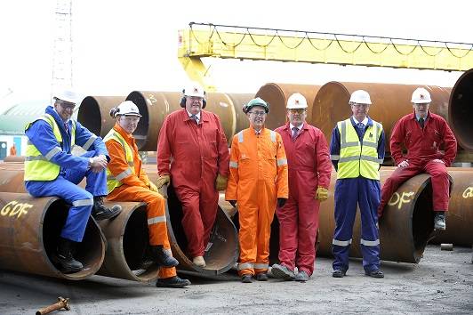 L-R - Ian Conacher  GDF SUEZ E&P UK, Greg McKenna Centrica, John Robertson BiFab MD, R Jean-Claude Perdigues managing director of GDF SUEZ E&P  UK, Martin Adam BiFab, Gerry Harrison Bayerngas MD  and Ian Potts BiFab.