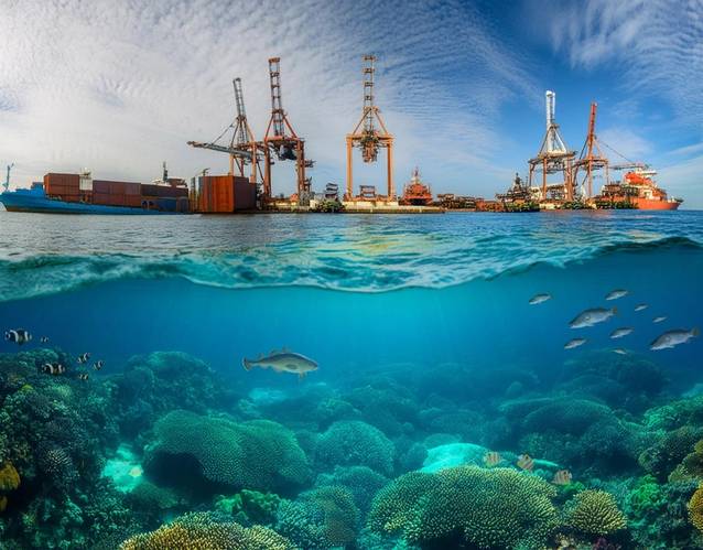 Conceptual visualization of a port location with vibrant marine life following successful coral restoration efforts. (Adobe Firefly AI Image Generator).