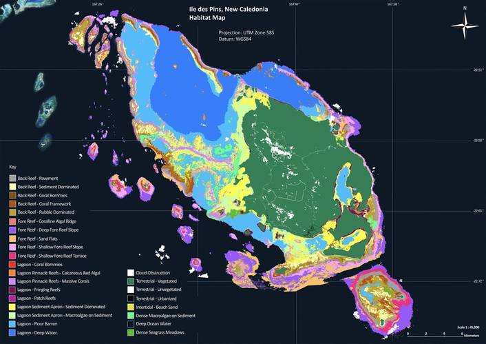 Coral reef habitat map of Ile des Pins, New Caledonia: The Global Reef Expedition resulted in the creation of 65,000 square kilometers of high-resolution coral reef habitat maps —or about one-fifth of the world’s coral reefs. Copyright Khaled bin Sultan Living Oceans Foundation (KSLOF)