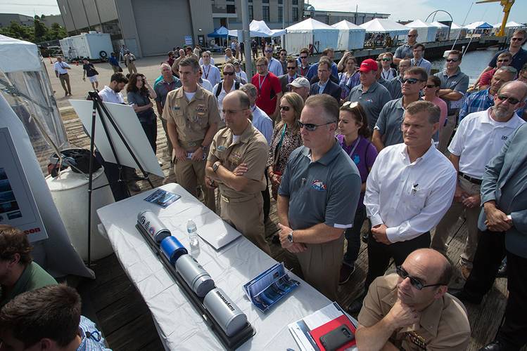 A crowd gathers to hear speeches and presentations during the Advanced Naval Technology Exercise (ANTX) 2019 held on Aug. 29 at the Naval Undersea Warfare Center Division Newport's Narragansett Bay Test Facility. ANTX 2019 demonstrates the future of Navy technologies in a low-risk environment before they become integrated in the fleet. This year's theme was Prepare For Battle: Undersea Superiority. (by Rich Allen, McLaughlin Research Corp.)

