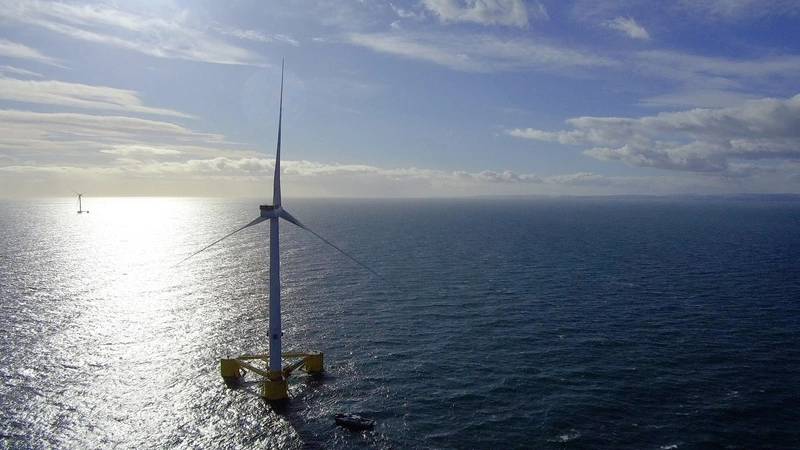 The (current) world’s largest floating offshore wind farm; Kincardine. Sitting off north east Scotland, it has 9.5MW turbines on semisubmersible type foundations moored to the seabed. Photo from Cobra Group.