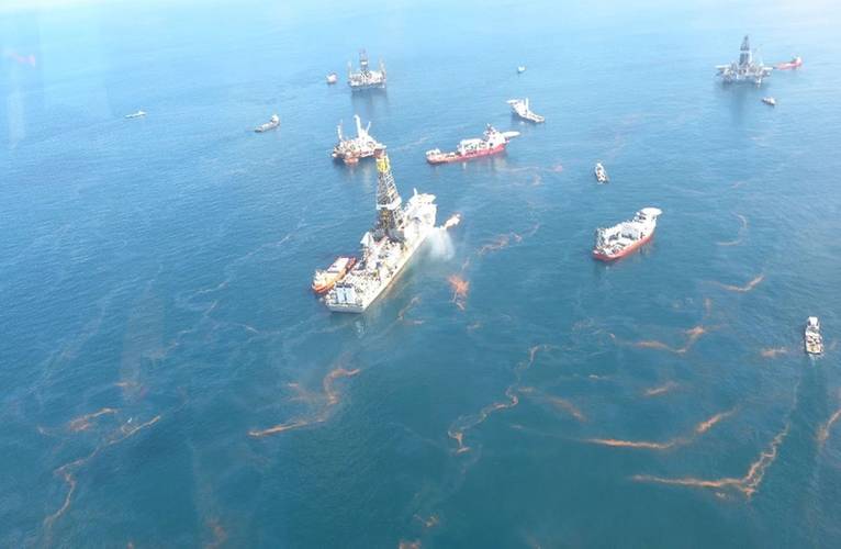 Oil near the Deepwater Horizon disaster spill source as seen during an aerial overflight on May 20, 2010. (Credit: NOAA)