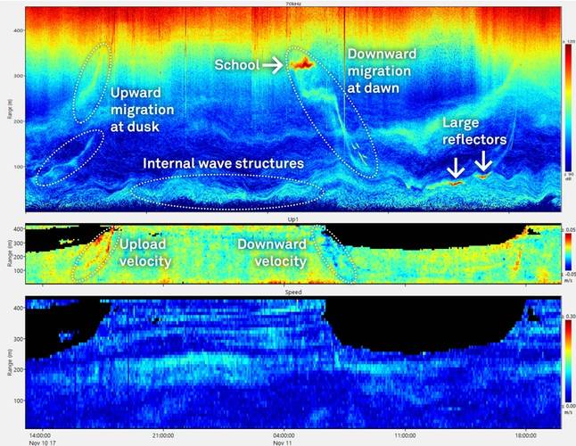 Echogram (top), vertical velocity (middle), and horizontal current speed (bottom) for the first two days of the deployment. (Image: Nortek)