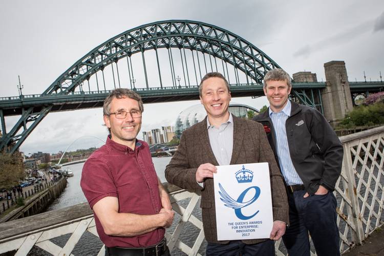 (L-R) RED Engineering’s Richard Kent, Joe Orrell and Toby Bailey on Newcastle’s Swing Bridge celebrating their success in winning a Queen’s Award for Enterprise (Photo: RED Engineering)