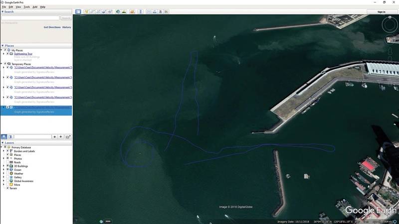 Exported data (in .kml format) showing the tracks sailed in Google Earth. The crew carried out so-called “lines” of current surveying inside and outside of the harbor to identify the differences in the currents’ velocity and direction in these two locations. Image: Nortek