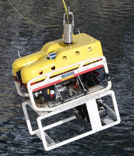 Falcon, showing skid with ARIS Explorer 3000 sonar and its AR2 rotator unit (Photo: Saab Seaeye)
