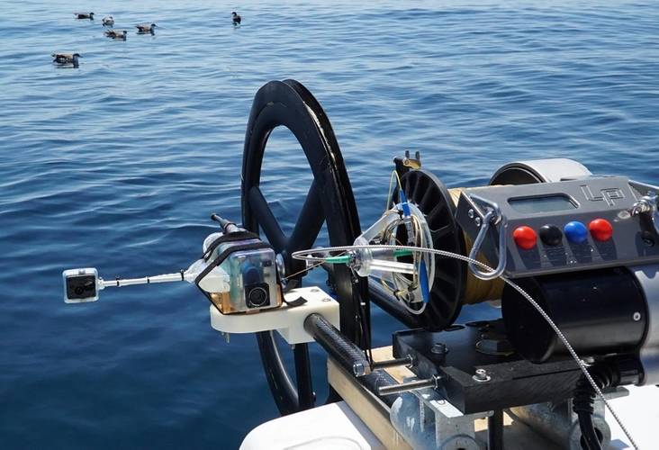The fiber optic fishing reel system with a live-telemetry fiber optic imaging payload prepared for deployment in deep water over Atlantis Canyon in July 2020. Photo courtesy of Brennan Phillips.