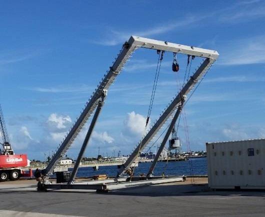 Figure 3. SST designed and built a 15-Ton A-frame for the installation of the array system in 2008. The same A-Frame was assembled and installed onto the MV Shelia Bordelon for the STAFAC Refurbishment Operation. (Photo: SST)