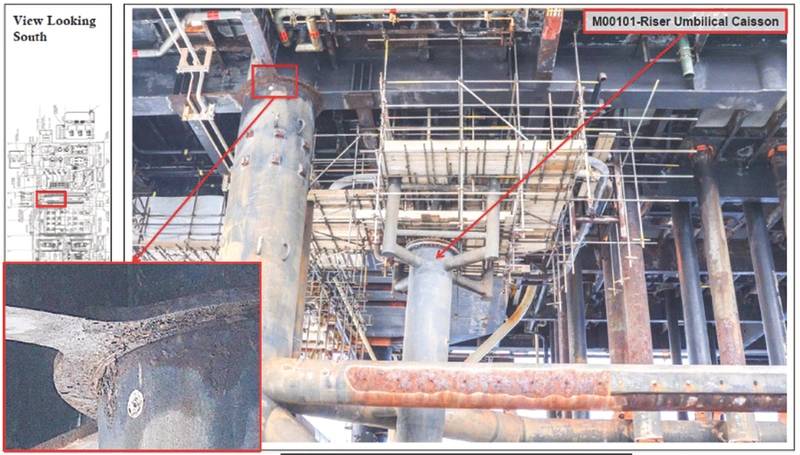 Figure 3:  Difficult-to-reach locations, such as this riser umbilical caisson access platform, can be surveyed by using a UAS. Access to the platform had been restricted after it was damaged. (Credit: Cyberhawk)
