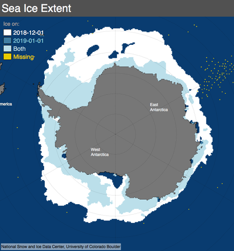 Figure 3: Extent comparison image for December 1, 2018, and January 1, 2019. Image credit: Walt Meier, NSIDC.
