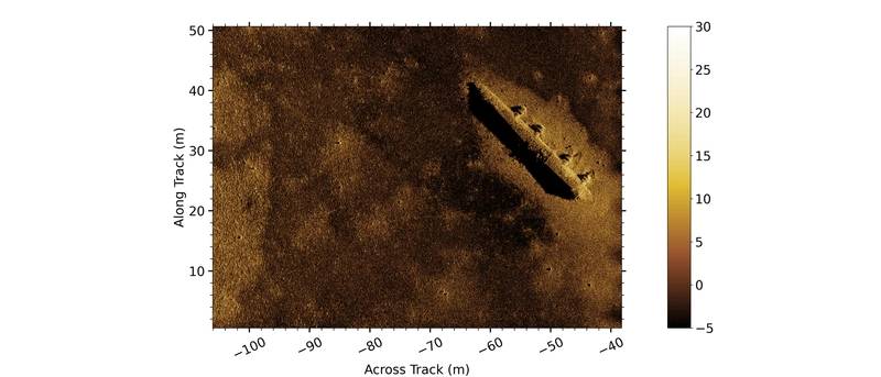 Figure 1 Gavia AUV mounted Kraken MINSAS data showing a survey area containing the remnants of a WW2 B-24 bomber. Image: Teledyne Gavia/Kraken