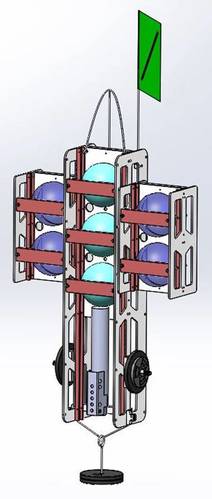 Figure 3.  The Global Ocean Design Nanolander can be fitted with side pods (left) that carry additional 10-inch spheres for flotation or payload, or simply fitted with auxiliary buoyancy (right), in this example trawl floats with center holes used to secure them to the frame.  Auxiliary flotation is always added equally to both sides, 2 on each side shown here.  A bottom grab may require additional buoyancy to lift a sample.  Rocks and sediment have a specific gravity of 2.7, so they lose more t