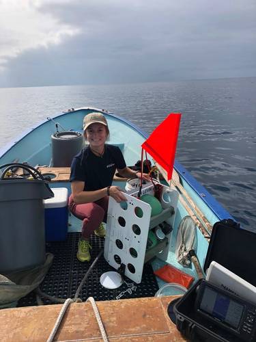Figure 1.  Graduate student Ashley Nicoll with deep ocean vehicle DOV LEVIN after recovery from an exploratory dive into a nearshore canyon off San Diego, California.  (Photo by Phil Zerofski, Scripps Institution of Oceanography/UCSD.)