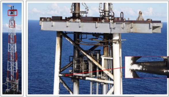 Figure 5: UAS image showing liquid staining on the rig flare’s supporting structure. (Photo credit: Cyberhawk)