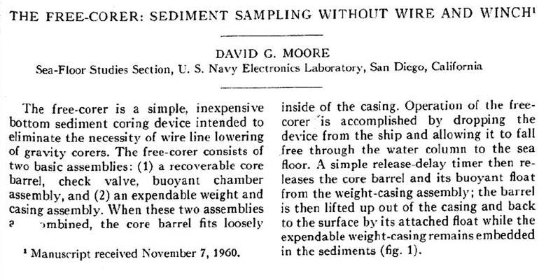 Figure 4.  The Moore Corer. (Photo credit: “The Free-Corer: Sediment Sampling Without Winch and Wire,” David G. Moore, Journal of Sedimentary Petrology, Vol 31 (4):627-630, 1961.)
