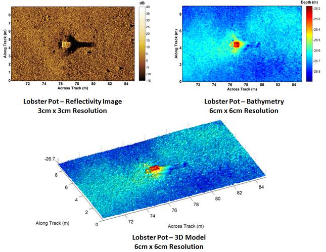 Figure 2: Note the correlation between the image and bathymetric features.  The blurring behind the target is a by-product of the lack of acoustic data in the shadow region.