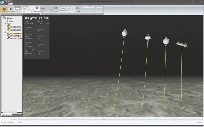 Figure 3: ProteusDS post-processing software showing rendered view of the mooring systems being tested. (Image: Dynamic Systems Analysis Ltd.)