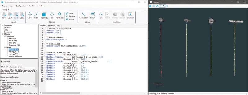 Figure 1: The ProteusDS software pre-processor is shown. This software allows users to add mooring elements such as shackles and swivels from a central library. Line types such as Amsteel Blue or wire rope can likewise be selected. (Image: Dynamic Systems Analysis Ltd.)