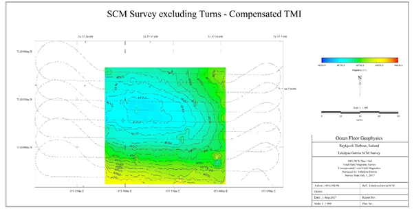 Figure 2: Map of residual compensated Total Magnetic Intensity (TMI) of the same area as previous figure with OFG SCM compensation algorithm applied. (Image: OFG)