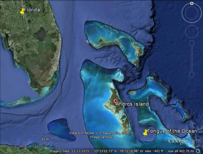 Figure 2. Map showing Andros Island, Bahamas and Tongue of the Ocean near location of the STAFAC array. (Image: SST)