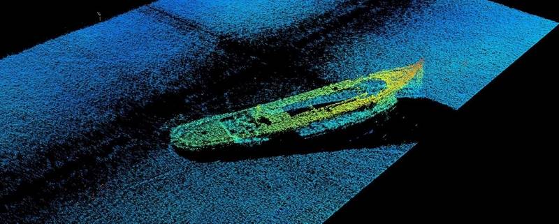 Figure 1: 3D sidescan image of the J.E. Boyden lying upright on the bottom of Lake Union as captured from the real-time 3DSS sonar display (Image: Ping DSP)