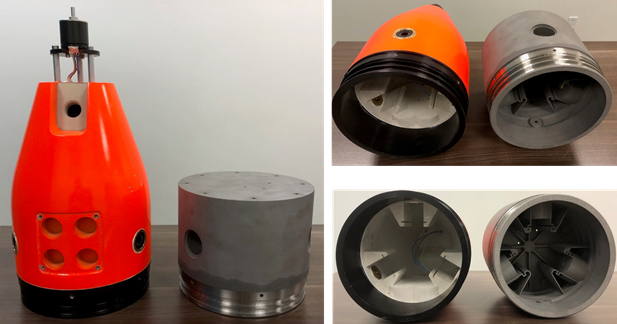 Figure 4. Standard 3D Printed Nylon (300 m) and New 3D Printed Titanium (1500 m) 7.5” Tail Section. (Photo: Riptide)