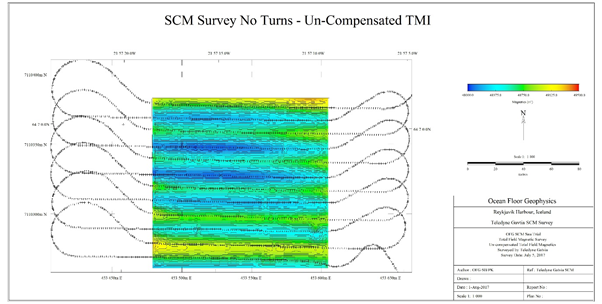 Figure 1: Map of raw Total Magnetic Intensity (TMI) acquired with SCM installed on the hull of Teledyne Gavia vehicle (Image: OFG)