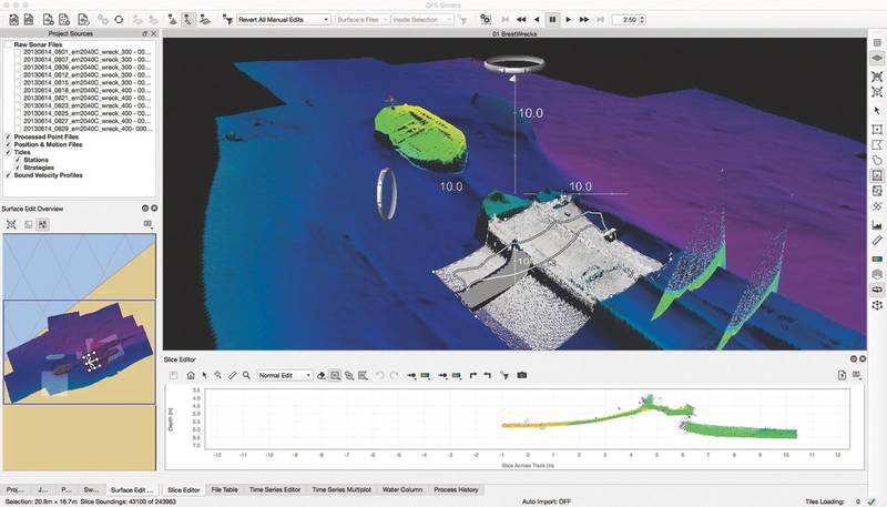 Figure 3: Typical Qimera Data Processing Environment showing a dynamic surface recently updated to show an inadvertent data edit completed within the Slice Editor.
