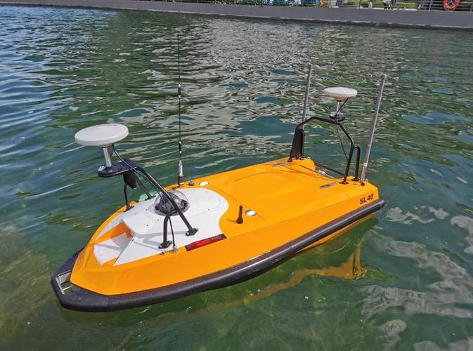 Figure 1. SL40 unmanned surface vessel with a small MBES. Photo courtesy Ocean Alpha