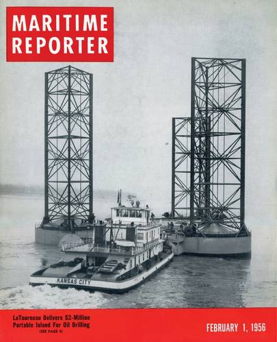 The formal birth of the offshore industry is generally said to be the Kermac 16, universally recognized as the first “out-of-sight-of land” well, built 10 miles offshore by Brown & Root for Kerr-McGee, Phillips Petroleum and Stanolind Oil & Gas, in 1947.   As the hunt for energy offshore continued to flourish  and grow, Maritime Reporter was there too, covering  LeTourneau’s $2m “Portable Island”  in the February 1, 1956 edition.