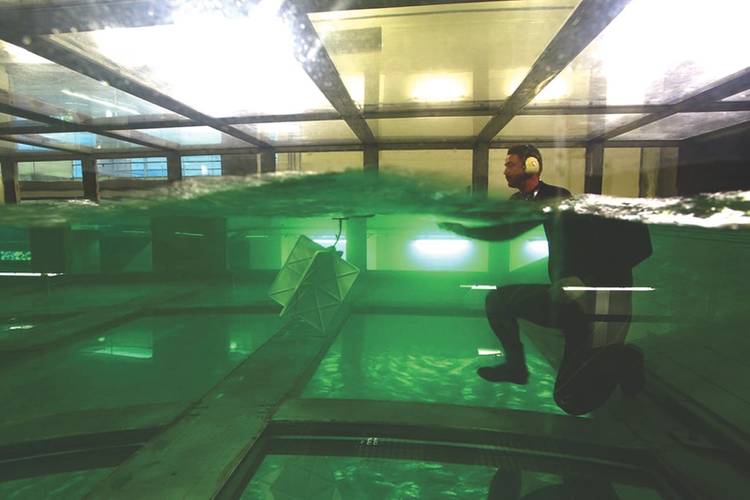 Full scale testing at the SUSTAIN wave-tank facility at the University of Miami, RSMAS. (Photo: GreenWave Instruments LLC)